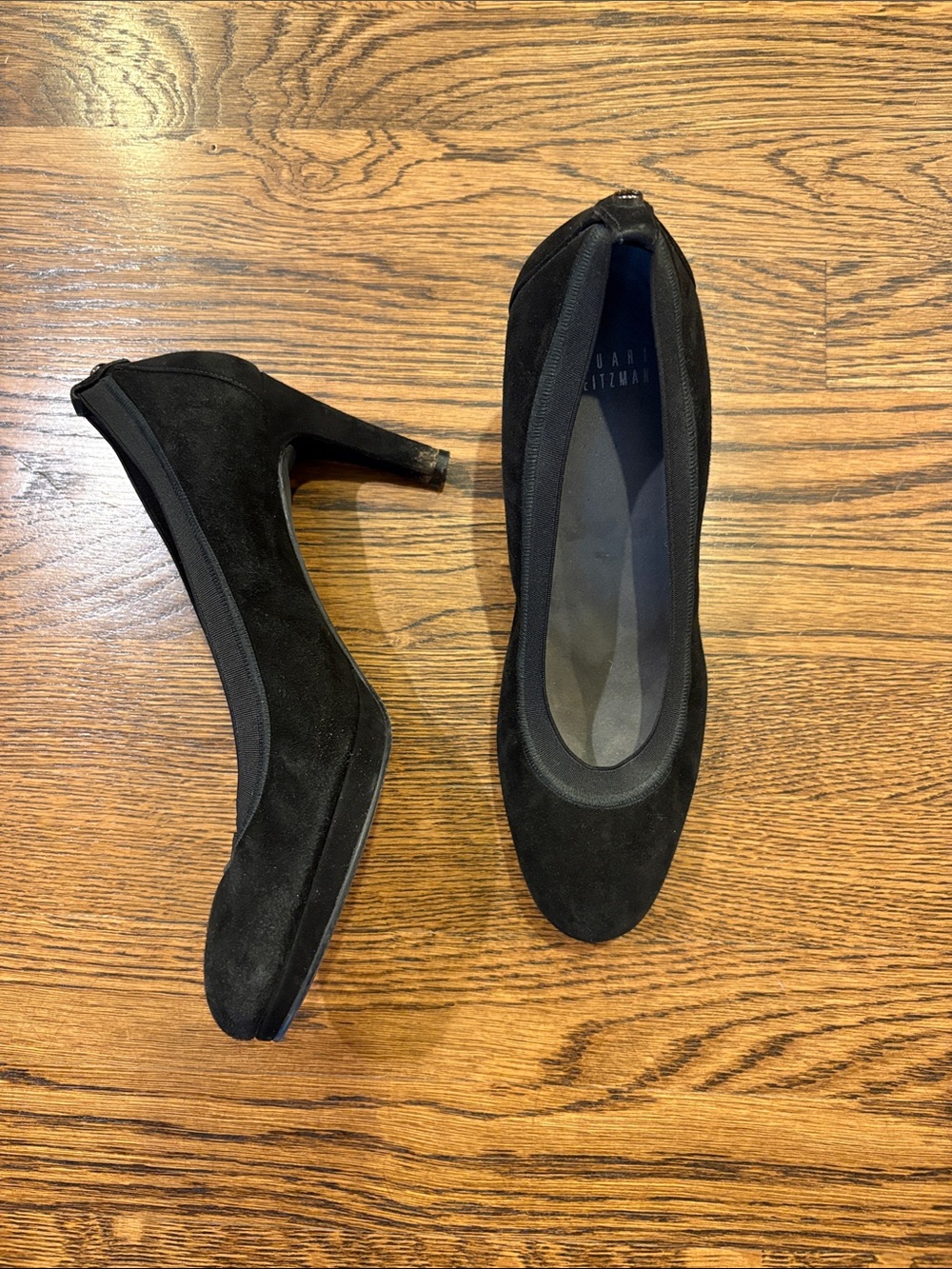 Stuart Weitzman Black Suede Round-Toe Mid Heel Pumps, 8